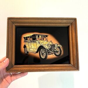 Vintage Silhouette Art Lithograph Automotive Car Wooden Frame 6" x 9"